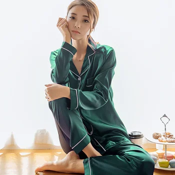 

Women‘s Silk Satin Pajamas Pyjamas Set Long Sleeve Sleepwear Pijama Pajamas Suit Female Sleep Two Piece Set Loungewear Plus Size