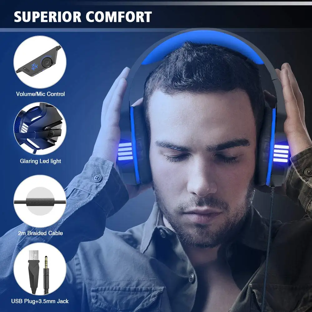 Headphones 3.5mm Mic Gaming LED Light Surround Stereo Sound Adjustable Earphones Deep Bass For Mobile Phone Music Headset