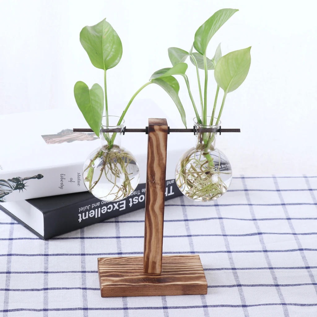 1 Set Hanging Glass Flower Vase Micro Landscape Fairy Garden Terrarium with Wood Stand, Borosilicate Heat-resistant Glass