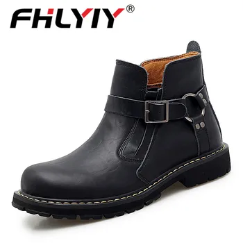 

Fhlyiy Brand Autumn Winter Men Genuine Leather Boots Fashion Motorcycle Shoes Men Cow Leather Ankle Boots Cool Shoes Size 46