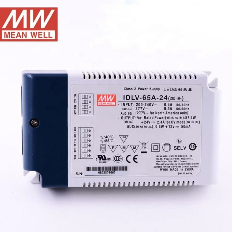 MEAN WELL IDLV-65 серия DC12V 24V 36V 48V 60V 65W Постоянное напряжение PFC Функция затемнения PWM