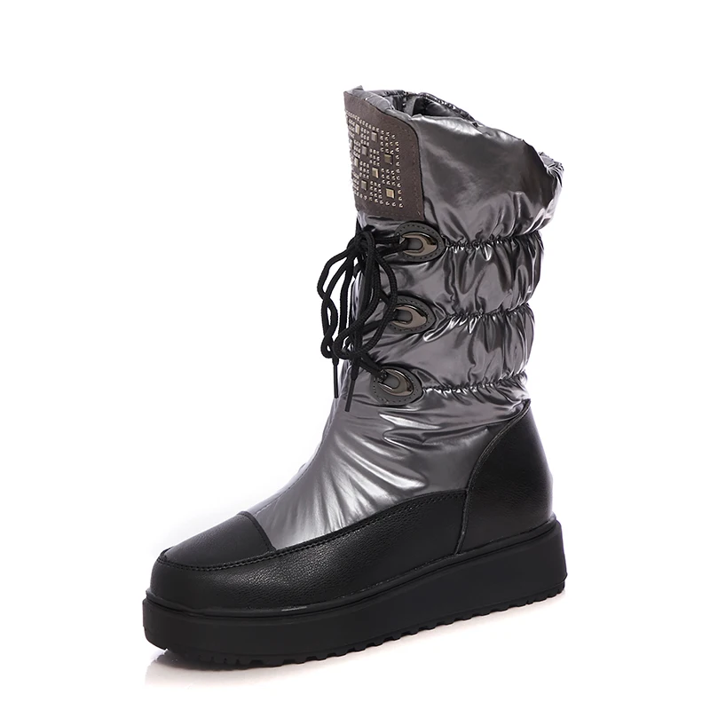 Новые брендовые зимние сапоги; Женская водонепроницаемая обувь; женские кожаные теплые плюшевые зимние сапоги; ботинки до середины икры на шнуровке; высокое качество - Цвет: Grey