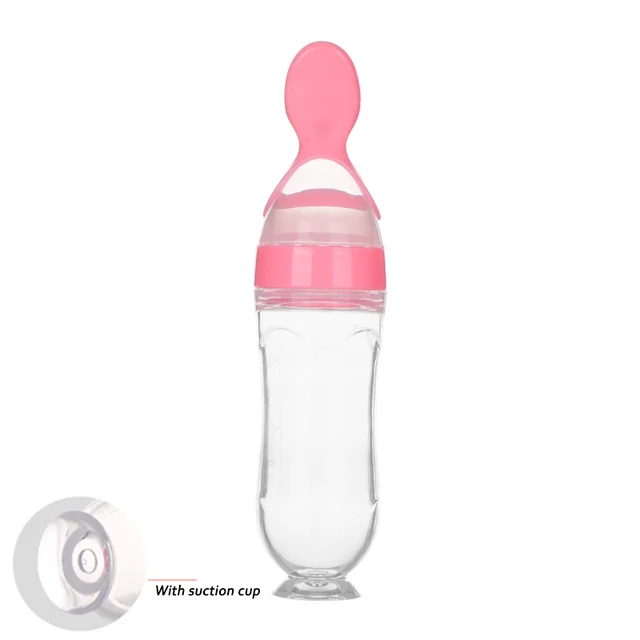 90ML Safe Newborn Baby Feeding Bottle Toddler Silicone Squeeze Feeding Spoon Milk Bottle Baby Training Feeder Food Supplement Pink With suction