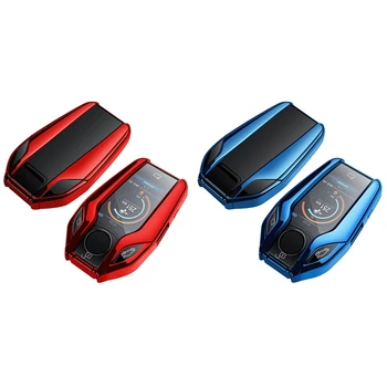 

2 Set TPU Car Fully Key Case LCD Remote Key Fob Case Cover for BMW 7 Series 740 6 Series GT 5 Series 530I X3, Blue & Red