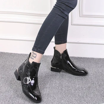 

2020 Women Ankle Boots Patent Leather Chelsea boots Female Big Size Shoes Zip Women's Buckle Metal Woman Square Heels Shoe