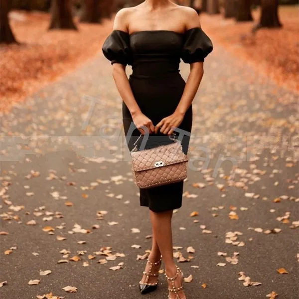 

Hepburn Black Dresses 2019 Vintage Tea Length Cocktail Party Dress Short Sleeves Off Shoulder Satin Homecoming Graduation Gowns