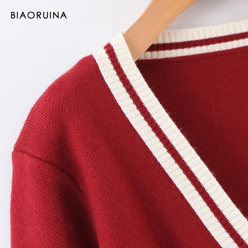 BIAORUINA женский элегантный стиль хит цвет вязаный кардиган женский v-образный вырез однобортный английский стиль свитер открытый стежок