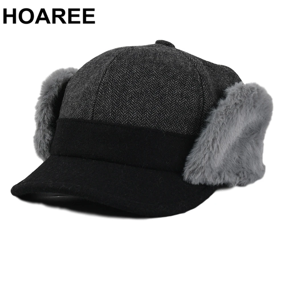 

HOAREE Winter Hat Women Bomber Hat Herringbone Earflaps Warm Ski Ladies Vintage Casual Camel Patchwork 2020 New Russian Hat