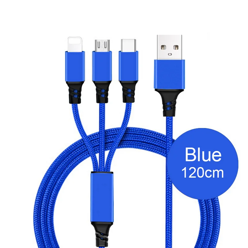 3в1 2в1 Кабель зарядного устройства микро-usb для iPhone X 7 8 6 6S Plus samsung кабель для быстрой зарядки и передачи данных usb type-C кабель для мобильного телефона - Цвет: 3in1 Blue 1.2m