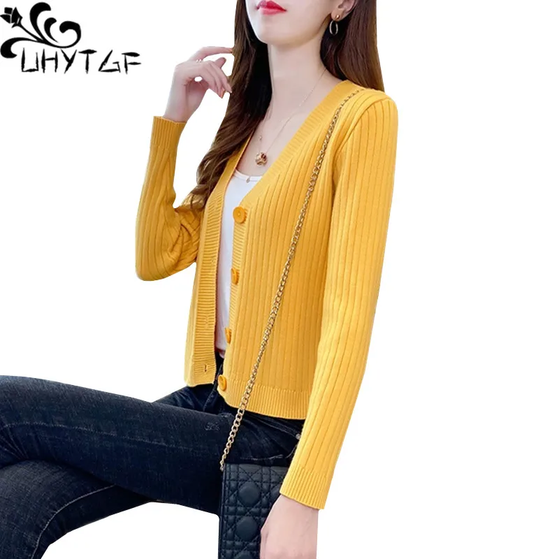 

Кардиганы UHYTGF для женщин, весна-осень 2023, свитер, пальто, Женский вязаный свитер с V-образным вырезом, женская модная шаль, короткая куртка, 1776