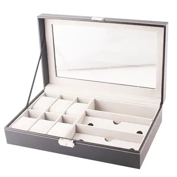 

Storage Box 6 Watch Compartments Dustproof 3 Glasses Grids PU Leather Home Organizer Dressing Table Compact Display Protective
