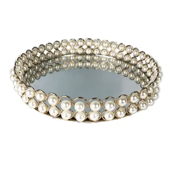 

Luxury European Makeup Organizer Pearl Mirror Chassis Fruit Tray Wedding Decor Dessert Plate Dressing Table Cosmetic Organizer