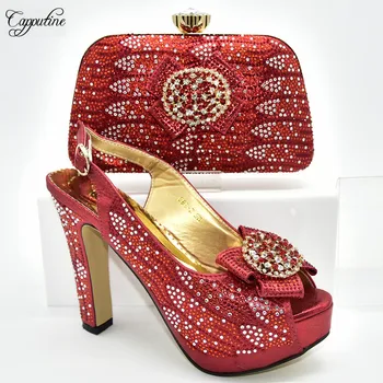 

Excellent red high heel sandal shoes and purse handbag set with rhinestones 688-2 heel height 12cm