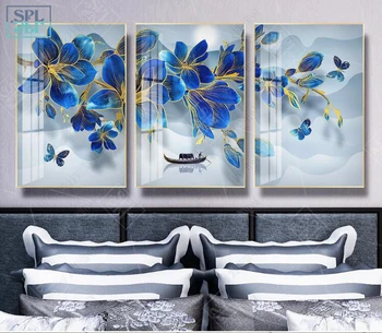 

Modern Home Decoration 3 Pieces Blue Orchid Canvas Painting Chinese Style Luxurious Golden Flower Wall Art Picture for Bedroom