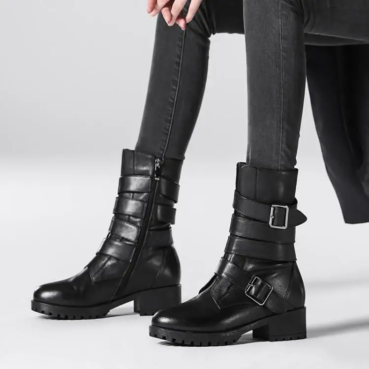 

Leather Martin boot girl middle heel thick heel round head belt buckle autumn and winter women's boot upper layer cowhide 4cm