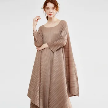 

SuperAen 2020 Spring New Dress Elegant Women's Full O Neck Loose Slimming Striped Pleated Asymmetric Dresses