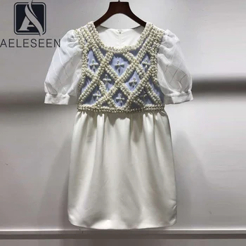 

AELESEEN High Quality Designer Mini Dress Summer Luxury Lantern Sleeve Beading Pearls Patchwork A-Line Party Holiday Dress