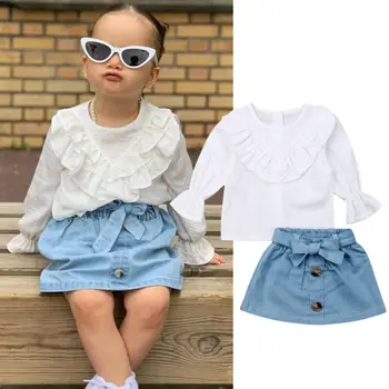 

2019 Toddler Kids Baby Girl Autumn Fall Clothes Long Sleeve Ruffle Tops+Denim Dress Outfit Clothing Set 6M-5Y Dropshipping Cute