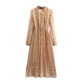 

Plus Size Print Women's Clothing Spring and Autumn Long Sleeve Flowers Cutton Decoration O Neck Casual Dress for Women