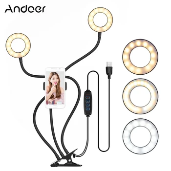 

Andoer Clip-On Mini USB Ring Light Fill-in Lamp Dual Lights 3 Lighting Modes Arms Design+Phone Holder for Live Streaming Video