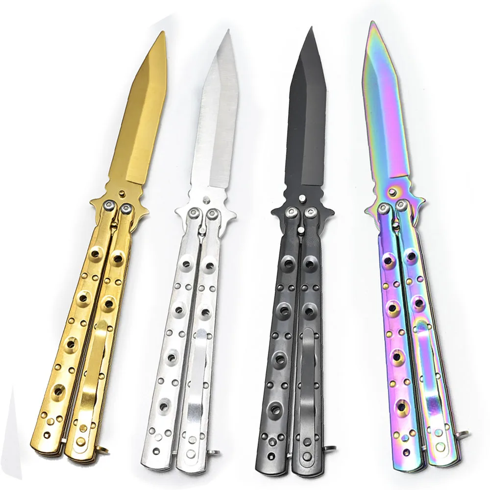 

Outdoor Folding Balisong Butterly in Knife , Stianless Steel Rainbow Titanium , Practing Training Dull Knife , cs go Gear