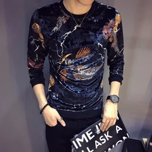 Роскошная бархатная Мужская Дизайнерская футболка с принтом, Мужская Клубная одежда, мужская облегающая бархатная футболка с длинным рукавом и круглым вырезом, осень