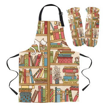 

Cartoon Bookshelf Sleeping Cat Apron Oversleeve Oven Gloves Pads Cooking Baking Kitchen Aprons for Women Kids