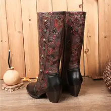  Johnature Long Boots Women Shoes Genuine Leather 2022 New Winter Warm Plush Zip Print Rivet Handmade Leisure Platform Boots 
