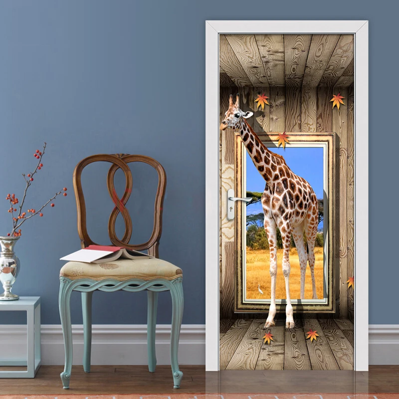 

3D Print Sticker Artwork Picture Self Adhesive Giraffe Maple Leaf Decal Home Decoration Waterproof Paper Living Room Door Poster