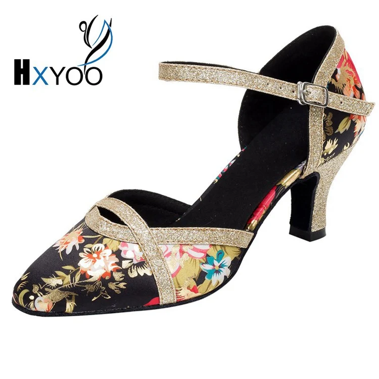 

HXYOO Women Latin Dance Shoes Jazz Dance Shoes Salsa Ladies Pointed Toe Satin Soft Sole Flower Black & Gold CW008