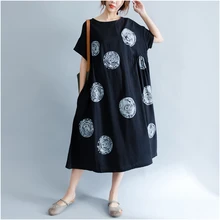  DIMANAF Women Dress Clothing Vintage Printing Oversize Loose Elegant Lady Black Long Dress Cotton Casual 2022 Summer Sundress 