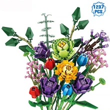 Technical Ideas Flowers Bouquet Building Blocks Moc Romantic Rose Flower Bricks Home Decoration DIY Toys for Girl Birthday Gift