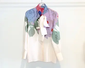 

2019 New Ladies Fashion Long Sleeve Sexy Casual Bow Collar Silk Shirt 1223