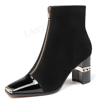 

LAIGZEM Quality Women Booties Block Heels Ankle Boots Real LEATHER + Suede Ladies Shoes Woman Botas Mujer Big Size 33 38 39 41