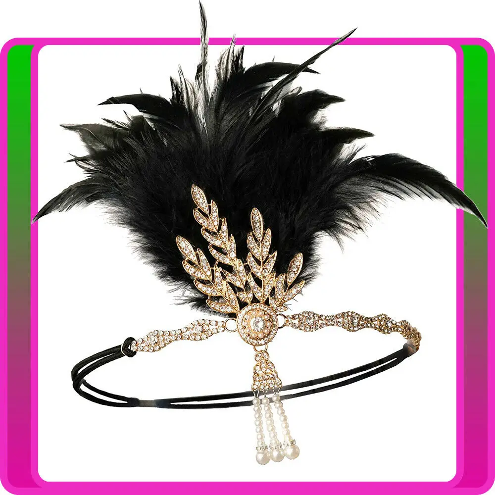 1920s Headband Black Feather Bridal Great Gatsby 20s Flapper Headpiece Gangster