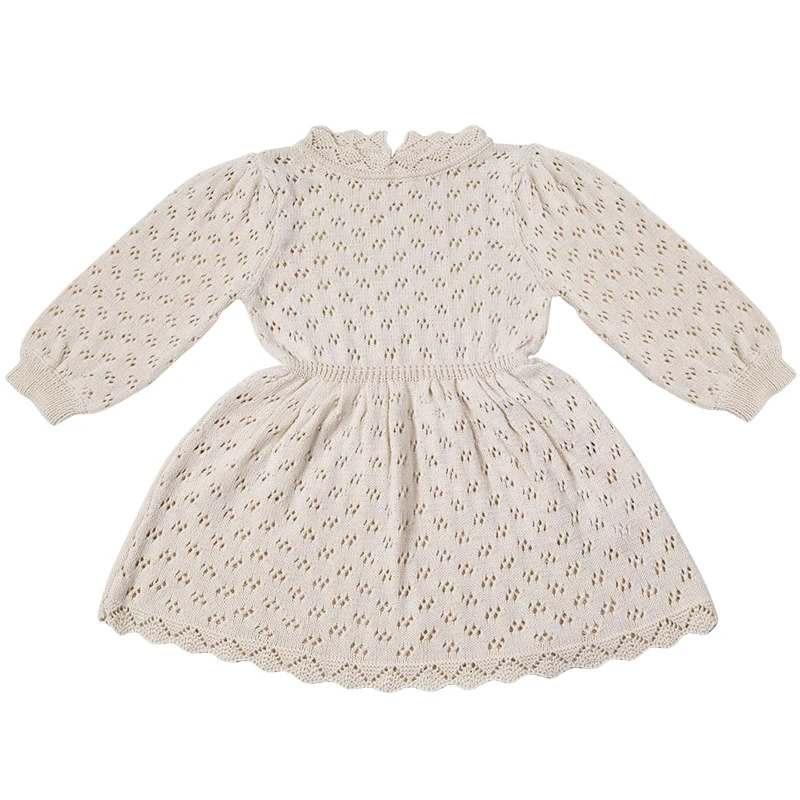 Autumn Winter Baby Girls Lovely Princess Dress Children's Hollow-out Long-Sleeved Dress Knitted Woolen