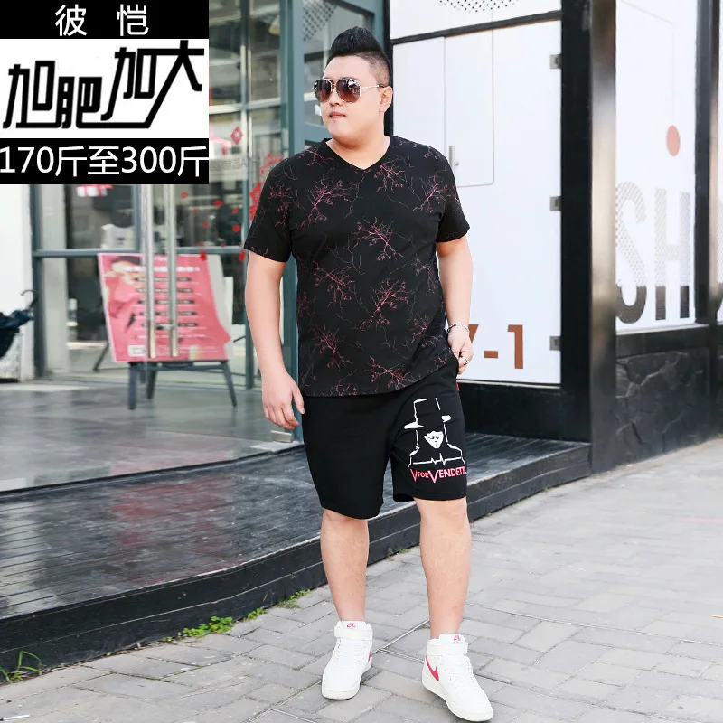 

Bikai Men Big Code Tide Brand Plus Fat Increase Code Loose V Collar Daily Printing Short Sleeve T Shirt Five Points Pants Suit
