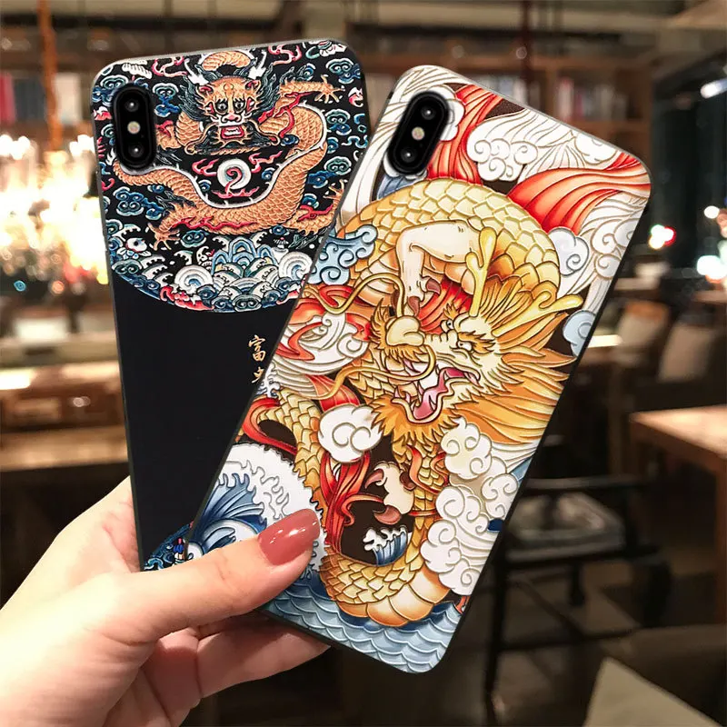 3D Emboss Phone Case for iPhone 11 12 13 Pro MAX XS XR 8 7 6 Plus X Soft Back Cover For Samsung Series China dragon Man Capa | Мобильные