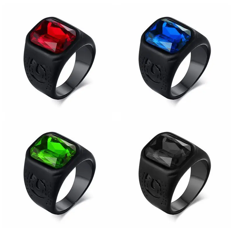 

Imitation Titanium Steel Black Horseshoe Pattern Four-color Glass Ring Fashionable Men's Finger Ring Jewelry