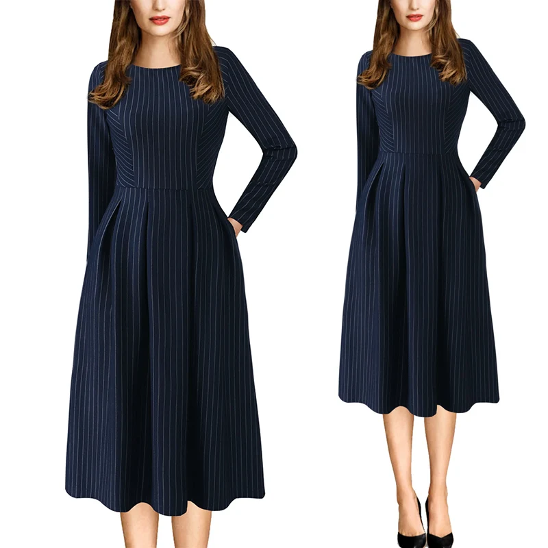 Blue Striped Vfemage, Женская Осенняя Элегантная туника в винтажном стиле с карманами, одежда для работы, офиса, повседневные, вечерние, облегающие и расклешенные, трапециевидные, приталенное платье 1621 - Цвет: Blue Striped