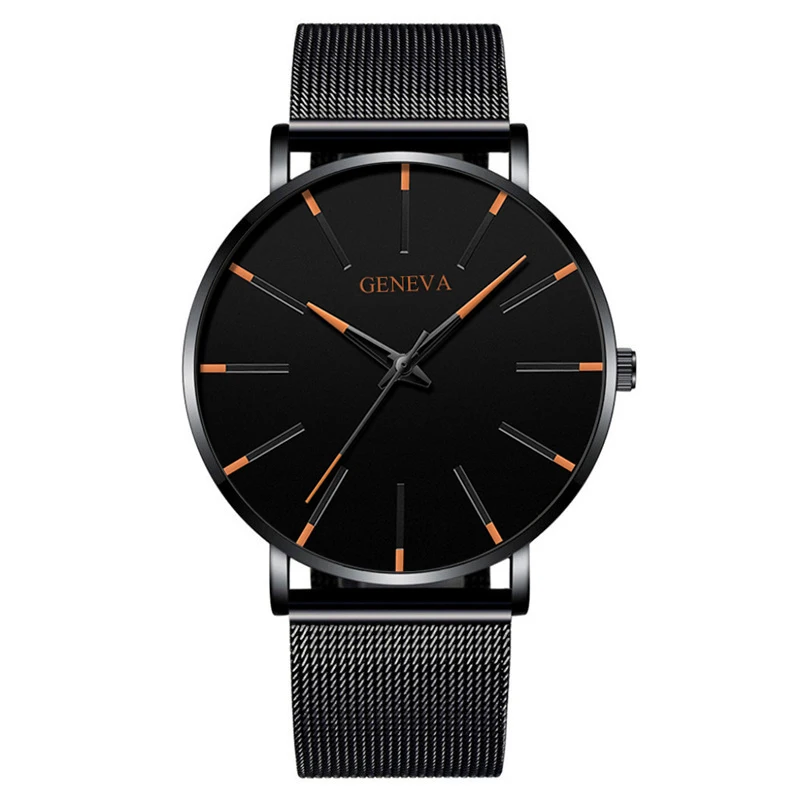 Black Orange Geneva мужские минималистичные ультра тонкие наручные часы с ремешком-сеткой из нержавеющей стали Роскошные мужские кожаные часы деловые повседневные кварцевые часы - Цвет: Black Orange
