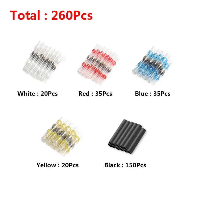 260Pcs 260 шт Смешанные термоусадочные клеммы водонепроницаемый припой Электрический провод изолированный стыковый соединитель провода кабель комплект для обжимания - Цвет: 260Pcs