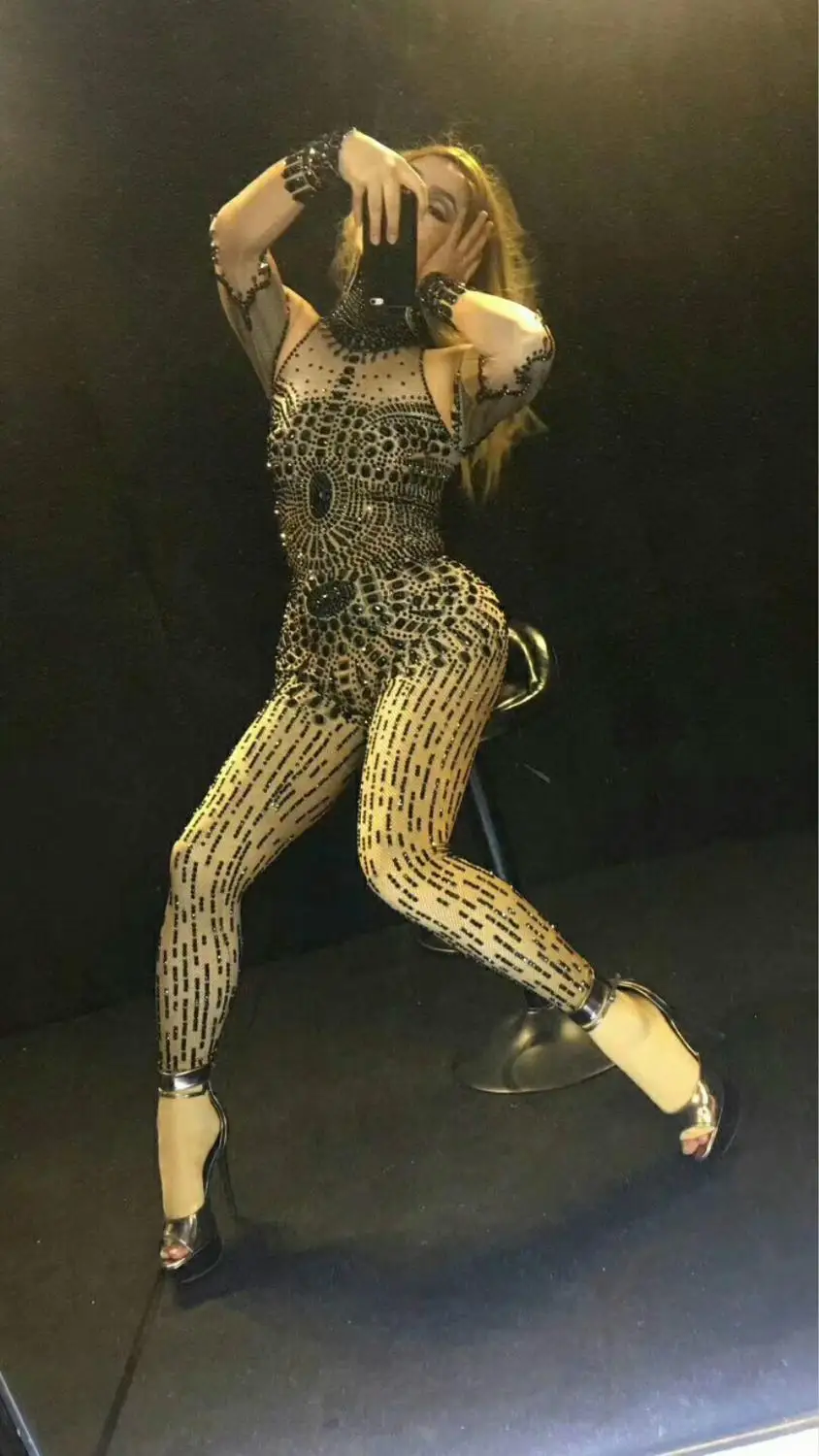 Сексуальный сценический комбинезон, черные стразы, для женщин, для сцены, наряд, вечерние, для празднования блестящих кристаллов, костюм, стрейч, боди