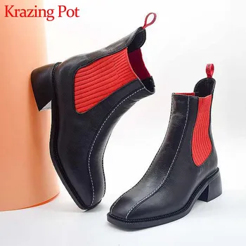 

Krazing Pot fashion Internet star genuine leather mixed colors boots square toe med heels women warm daily wear ankle boots L36