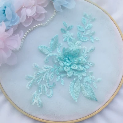 light blue 3D цветок блестки кружевная лента для вечернего платья Цветочные Швейные сетки патчи для Diy украшения из ткани аксессуары - Цвет: light blue