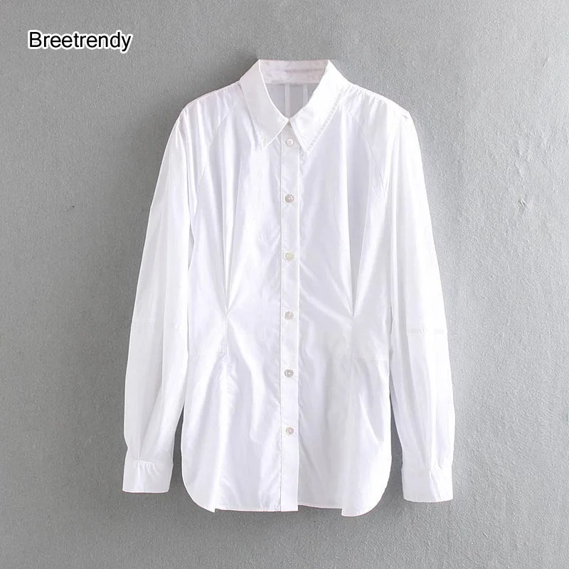 

CS953 Autumn Women New Design Turn Down Collar Pleated Slim Waist Long Sleeve White Blouse Korean Chic Shirts Tops