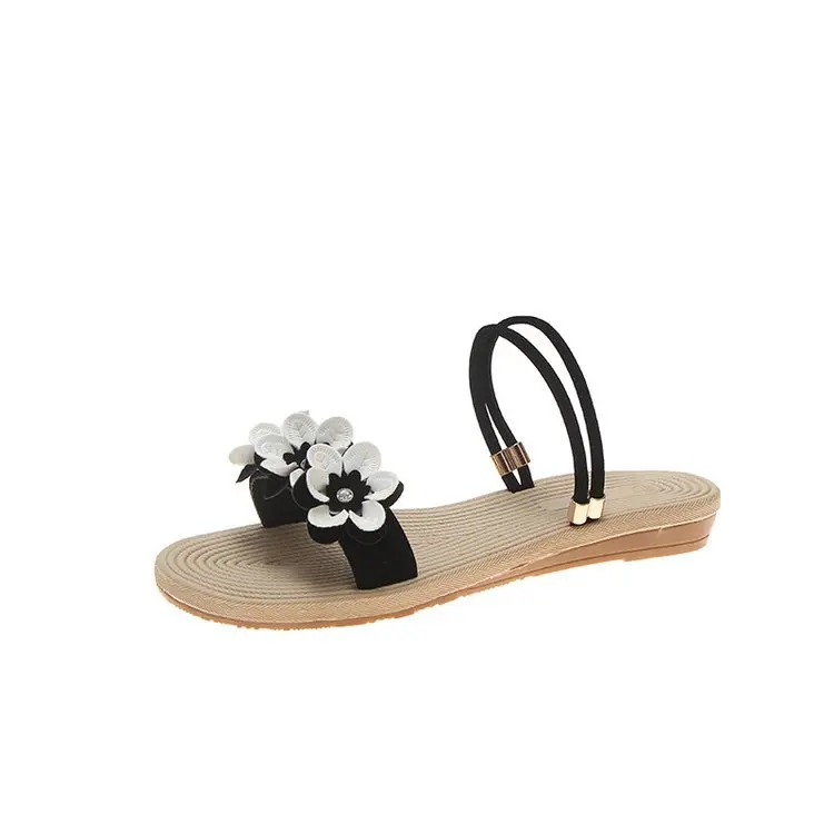 

2019 Summer Women's Slippers Slip-On Solid Flower Round Toe Casual Fashion Flat Heels Flat PU All-match 35-40