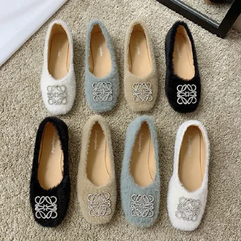 

Peas shoes female 2019 autumn new wild rhinestone square head flat shoes