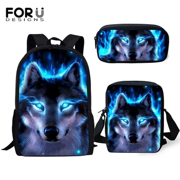 

FORUDESIGNS Cartoon Kids Shoulder Backpack Kawaii Wolf Pattern Primary School Toddler Book Bags/Flaps Bags/Pen Bags 3PCs Set