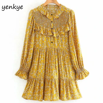 

Vintage Yellow Floral Print Mini Dress Women Ruffle O Neck Long Sleeve Pleated Casual Dress Summer vestido OZZ9535